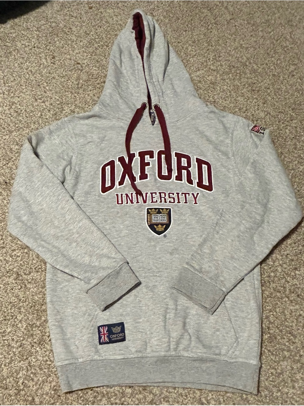 Oxford University Grey Pullover Hoodie with Maroon Trim - Size M